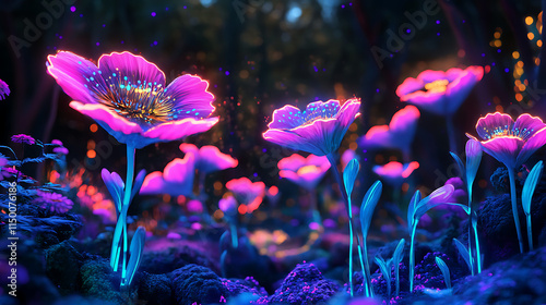 Glowing Forest Flowers: A surreal and mesmerizing scene where vibrant, neon pink flowers bloom with a mystical glow in a dark, enchanted forest. The glowing petals illuminate the surrounding foliage.