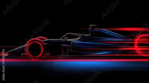 Silhouette of a Formula One racing car in motion, highlighted by streaks of vibrant red and blue light, creating a dynamic and fast-paced visual effect..