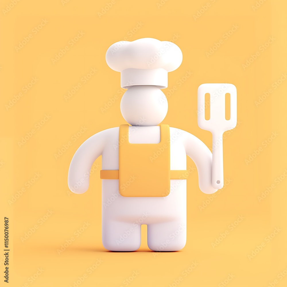 Playful 3D Chef Character Holding a Spatula on Bright Yellow Background Playful 3D Chef Character Holding a Spatula on Bright Yellow Background