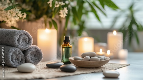 A luxurious spa with candles, smooth stones, and essential oils