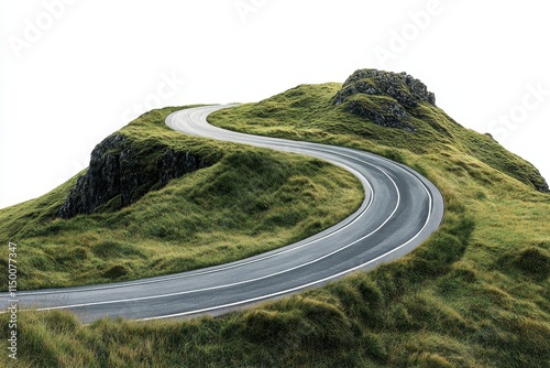 Winding road curving up a grassy hill.