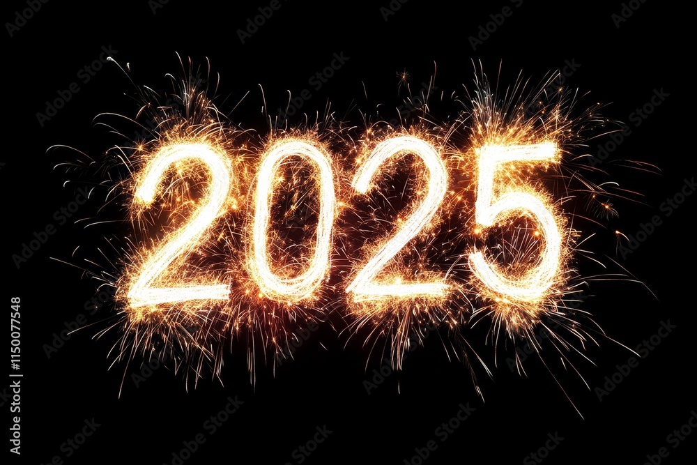 Firework illumination over a dark sky background, symbolizing Happy New Year 2025. The text Firework illumination over a dark sky background, symbolizing Happy New Year 2025. The text