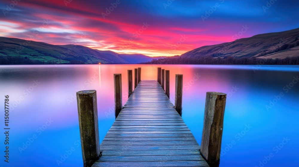 Fototapeta premium A tranquil lake at sunset, with a small wooden dock and mountains in the distance