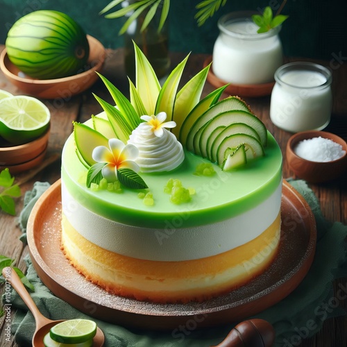 Fragrant tropical cake made with pandan extract and coconut milk photo