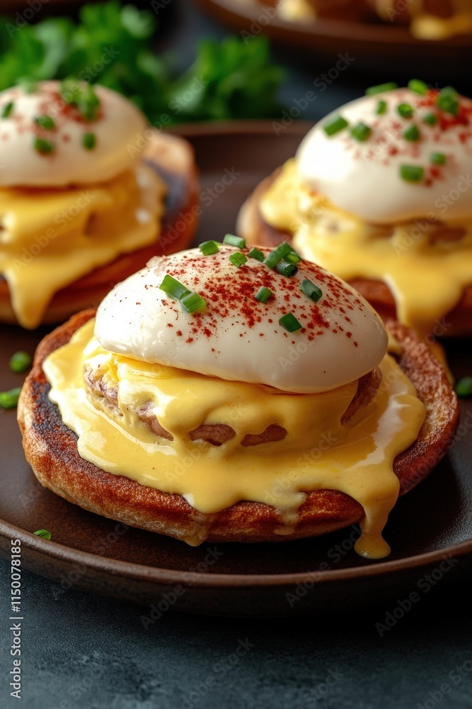 Three eggs benedict on toasted english muffins drizzled with hollandaise sauce, garnished with chives and paprika. Three eggs benedict on toasted english muffins drizzled with hollandaise sauce, garnished with chives and paprika.