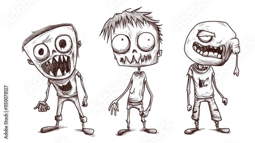3 funny zombie characters, funny art with simple lines on white background