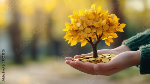 Hands plant a small tree with golden coin leaves, symbolizing financial growth photo