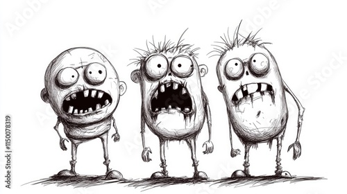 3 funny zombie characters, funny art with simple lines on white background