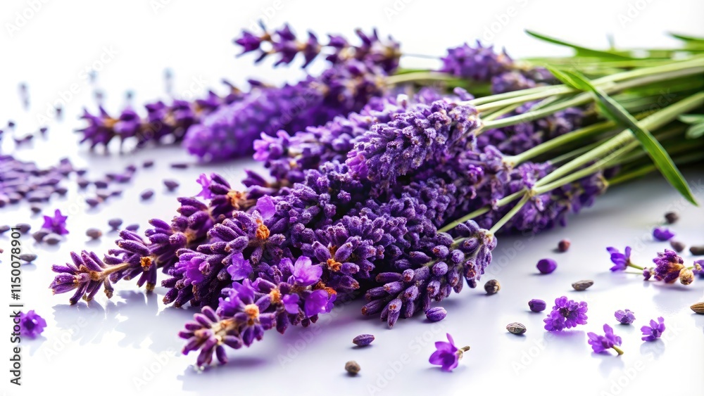 Fototapeta premium Fresh Lavender Flowers, Purple Blossoms, Isolated White Background Product Photography