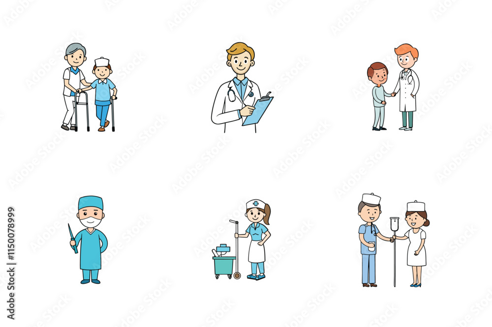 Set of doctor and nurse treatment vector illustration Set of doctor and nurse treatment vector illustration