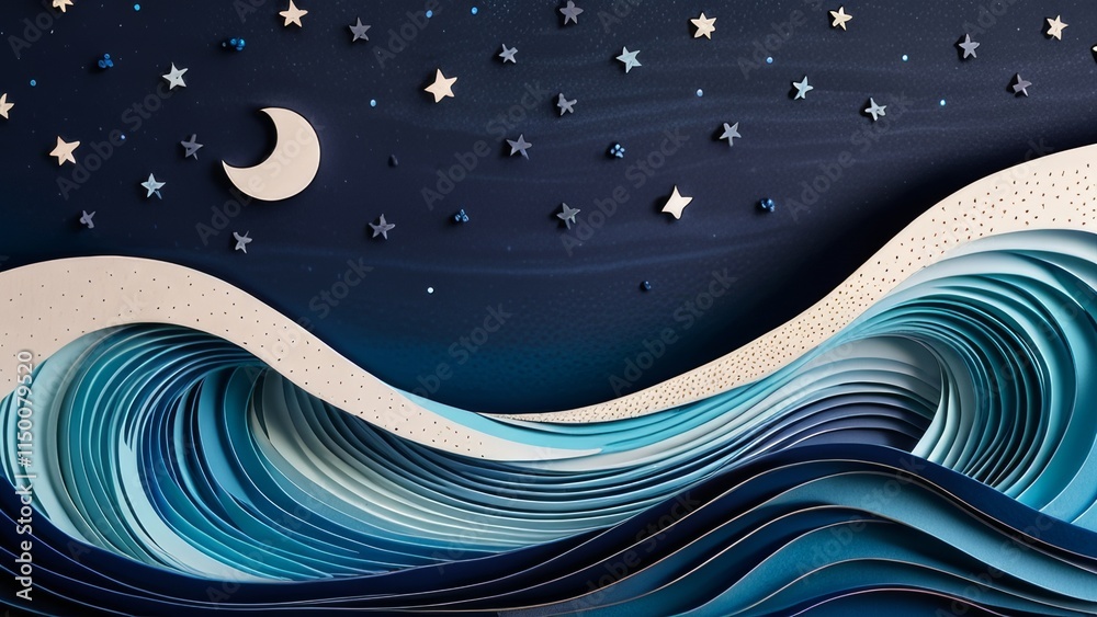 Fototapeta premium A paper drawing of a wave with a moon and stars in the background
