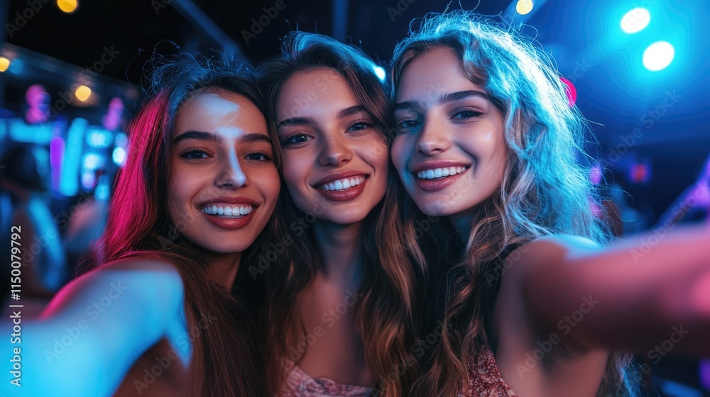 3 young happy women taking selfie in nightclub 3 young happy women taking selfie in nightclub