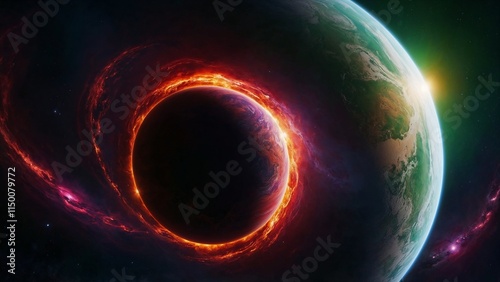 Terrestrial Planet with Vibrant Fiery Ring System in Space