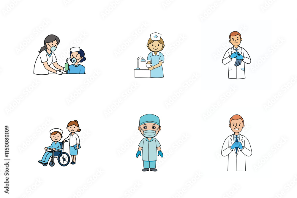 Set of doctor and nurse treatment vector illustration Set of doctor and nurse treatment vector illustration