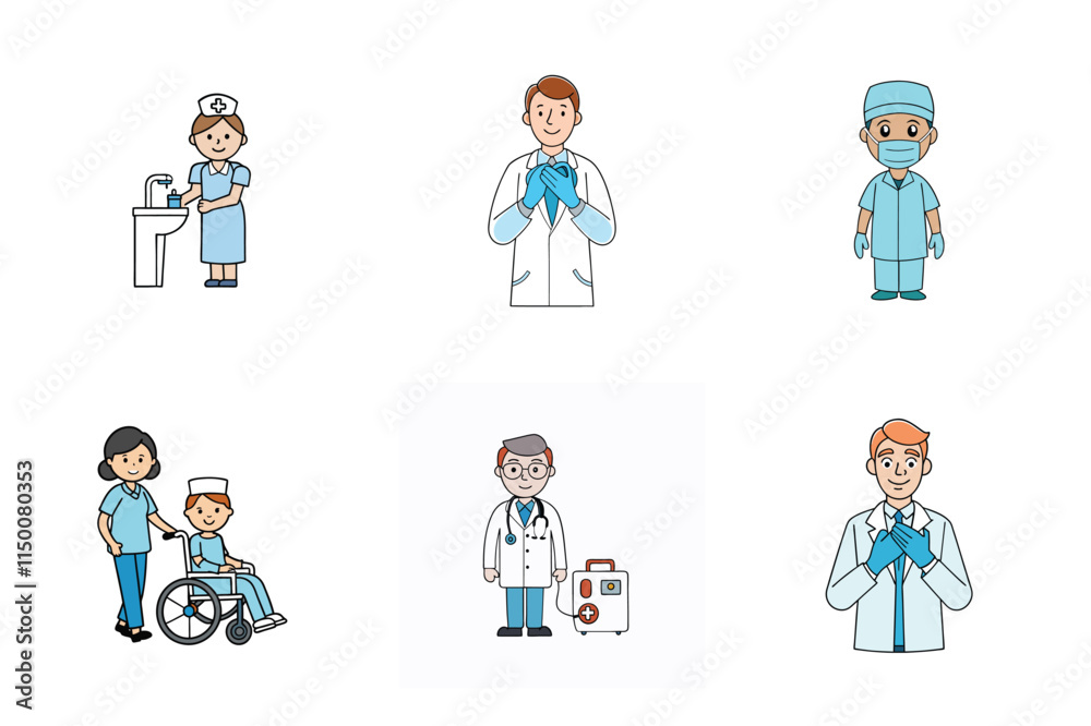 Set of doctor and nurse treatment vector illustration Set of doctor and nurse treatment vector illustration