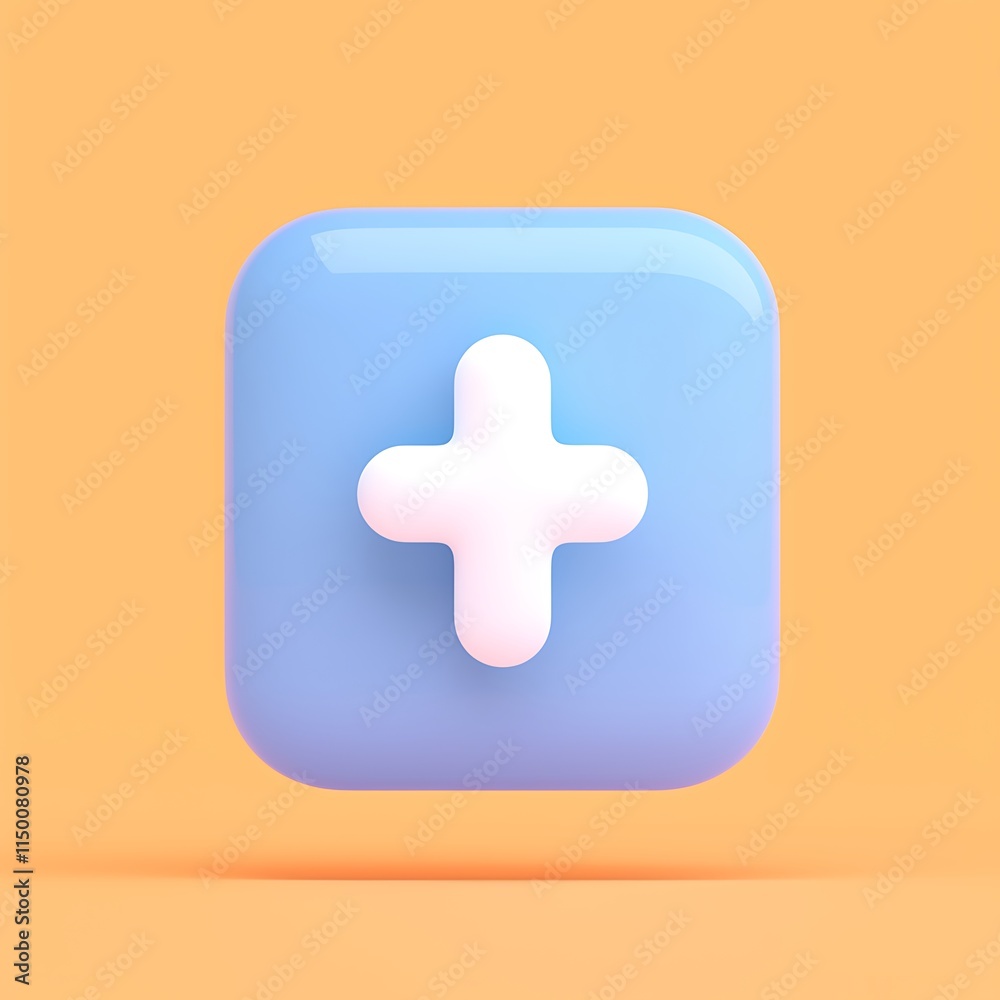 Obraz premium Blue Rounded Square Icon with White Plus Sign on Soft Orange Background