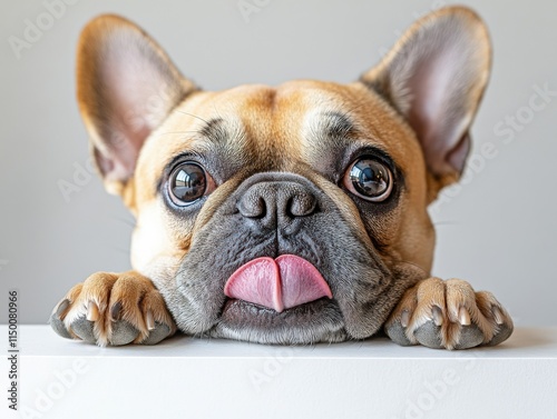 A close-up of a French Bulldog with big eyes and a playful expression, resting its chin on a surface and sticking out its tongue.