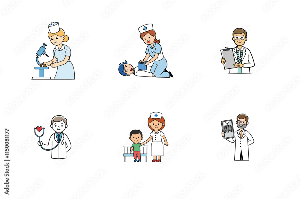 Set of doctor and nurse treatment vector illustration Set of doctor and nurse treatment vector illustration