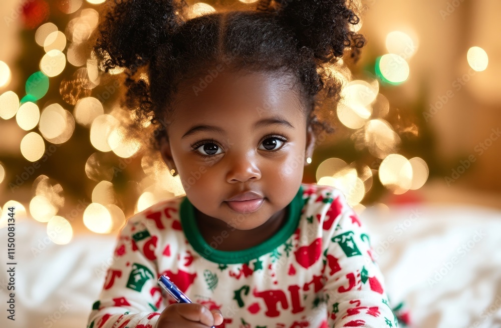 A little African American child is sitting back leisurely while composing a heartfelt letter to Santa Claus, expressing their holiday wishes and dreams. The room is beautifully adorned with festive A little African American child is sitting back leisurely while composing a heartfelt letter to Santa Claus, expressing their holiday wishes and dreams. The room is beautifully adorned with festive