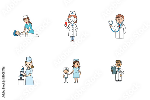 Set of doctor and nurse treatment vector illustration