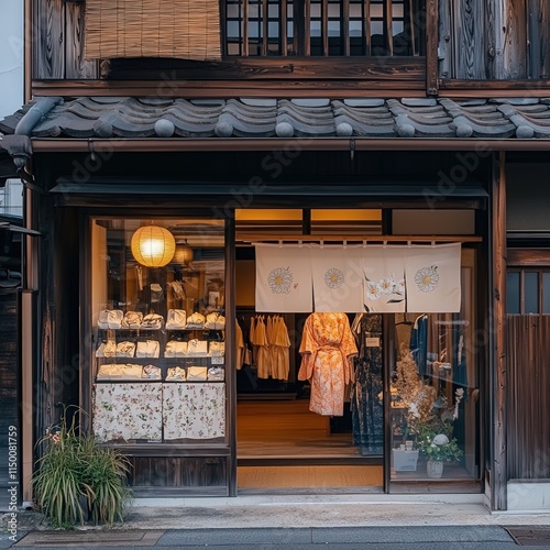 Fototapeta Naklejka Na Ścianę i Meble -  small clothing shop front in Inuyama City, with traditional kimono displays in the window and a welcoming entrance,