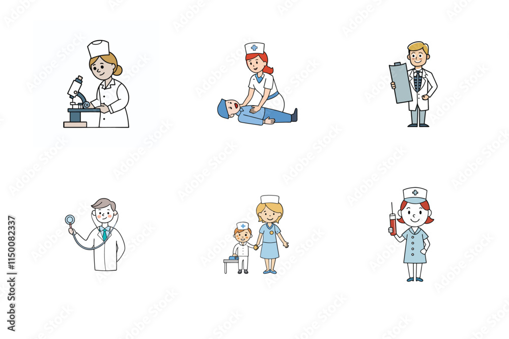 Set of doctor and nurse treatment vector illustration Set of doctor and nurse treatment vector illustration