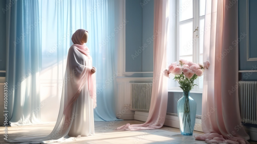 Concept of Muslim woman in hijab. Islam. A woman in a white dress stands in front of a window with pink curtains Concept of Muslim woman in hijab. Islam. A woman in a white dress stands in front of a window with pink curtains