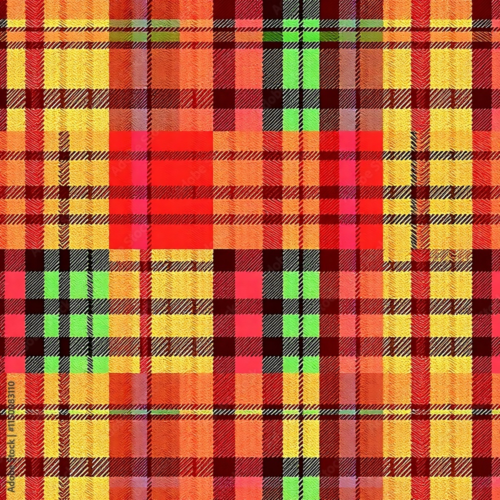 Vibrant Plaid Pattern: A dynamic and colorful plaid pattern in shades of yellow, red, green, and black, perfect for adding a touch of bold style to your designs. Vibrant Plaid Pattern: A dynamic and colorful plaid pattern in shades of yellow, red, green, and black, perfect for adding a touch of bold style to your designs.