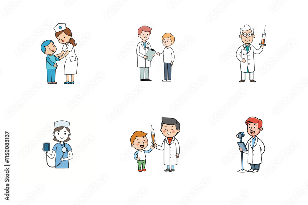 Set of doctor and nurse treatment vector illustration Set of doctor and nurse treatment vector illustration