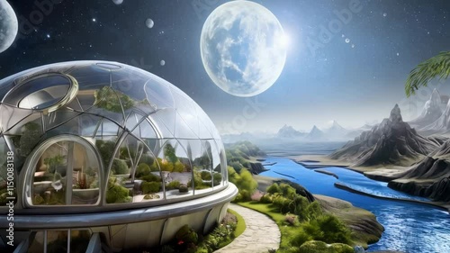 Futuristic dome habitat amidst serene mountains and planets, blending nature with advanced technology in imaginative landscape.
