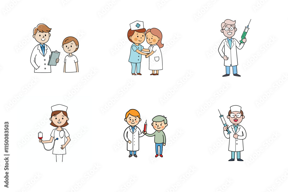 Set of doctor and nurse treatment vector illustration Set of doctor and nurse treatment vector illustration