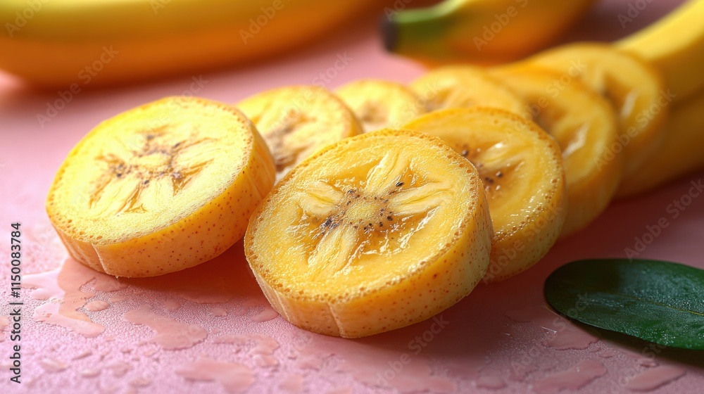 Fresh banana slices arranged in a pattern on a pastel surface Fresh banana slices arranged in a pattern on a pastel surface