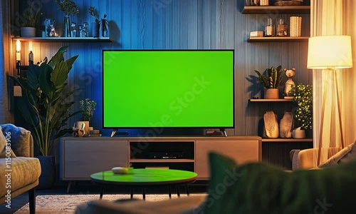 Realistic LED TV with Green Screen for Video Editing, Motion Graphics, and Visual Effects – High-Quality Footage Ideal for Replacing Backgrounds, Chroma Key Compositing, and Creative Content Productio photo