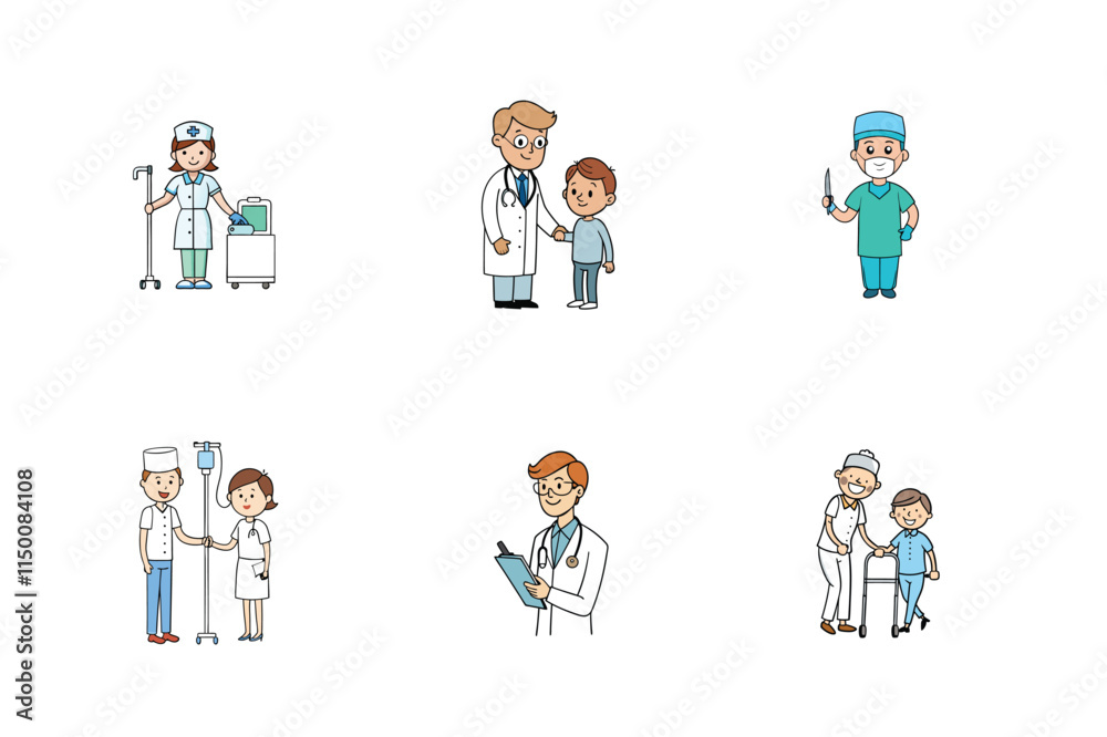 Set of doctor and nurse treatment vector illustration Set of doctor and nurse treatment vector illustration