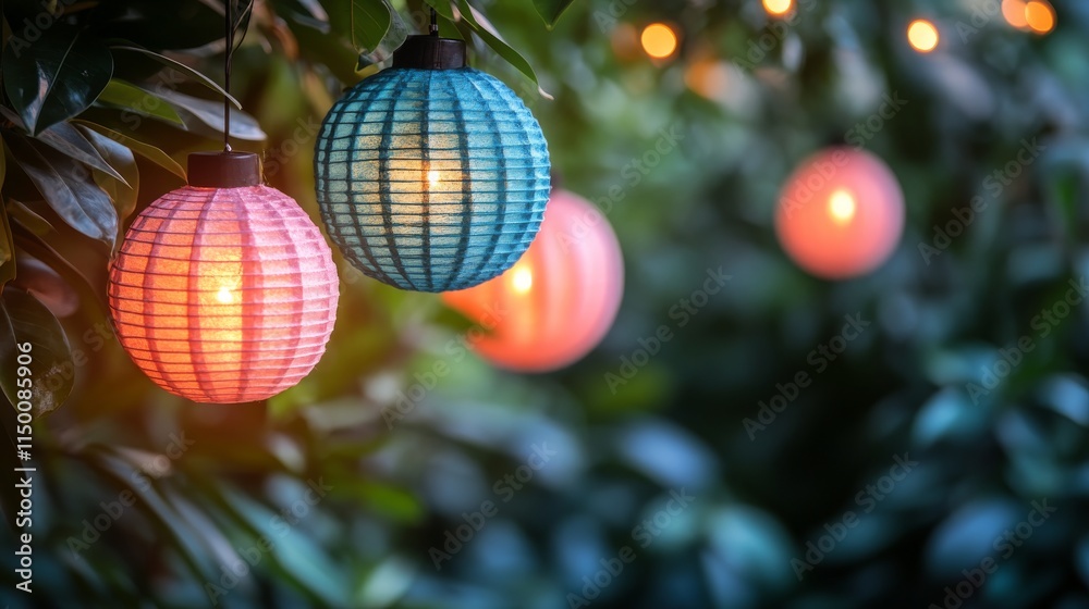 Fototapeta premium Colorful lanterns illuminate a serene garden during a calm evening gathering