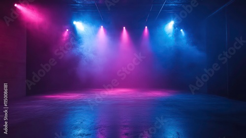 Stage lights neon glow empty room dance club. An empty room with a concrete floor, lit by spotlights casting blue and pink beams in a smoky haze. The stage is ready for a performance