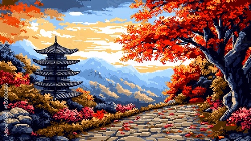 Vibrant Autumn Pagoda in Tranquil Japanese Landscape with Mountains and River