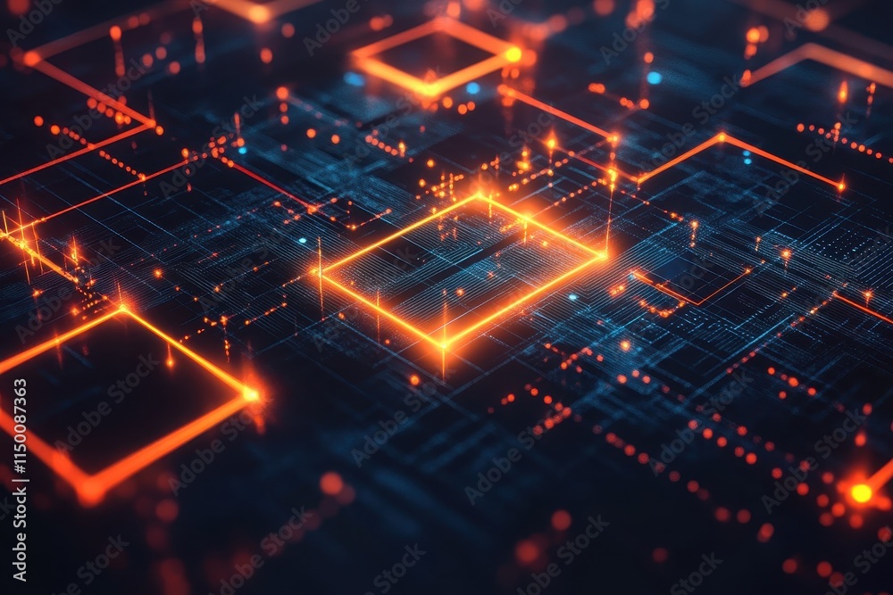 Abstract digital circuit board glowing with orange and blue light. Abstract digital circuit board glowing with orange and blue light.