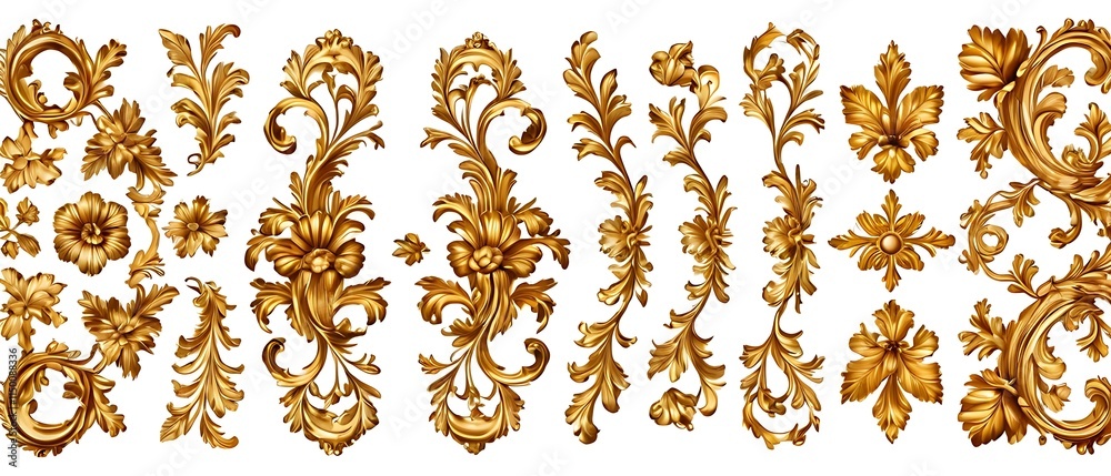 golden baroque floral curl, rococo ornament element texture, swirl leaves isolated on white background golden baroque floral curl, rococo ornament element texture, swirl leaves isolated on white background