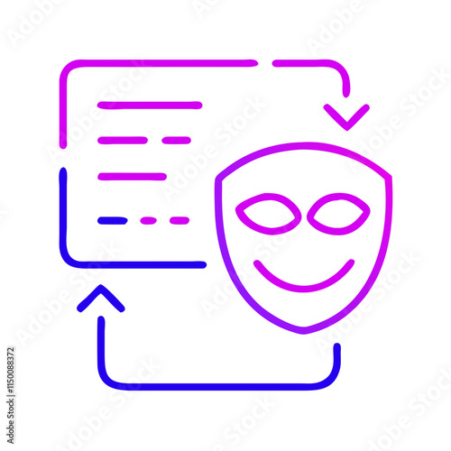 Minimalist data masking icon with shield and mask. Perfect for content about cybersecurity, data protection, and digital threats. Symbol of danger, viruses, and data breaches