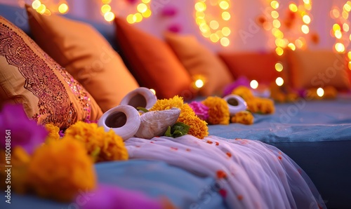 A colorful Indian wedding celebration with henna art and conch shell rituals performed on a photo