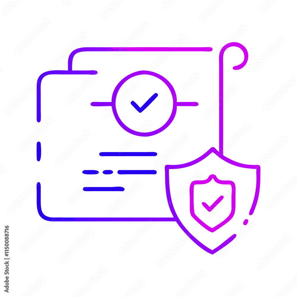 Minimalist security compliance icon with document and shield. Perfect for content about cybersecurity, data protection, and digital threats. Symbol of danger, viruses, and data breaches