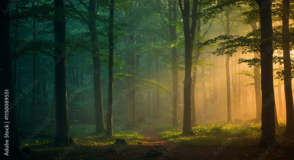 Fototapeta premium Magical Sunrise Forest Path Misty Woods Trees Nature