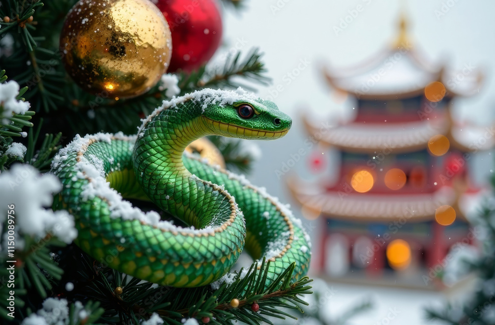 Fototapeta premium A green snake sits on a Christmas tree decorated for new year against the background of a snow-covered Chinese pagoda