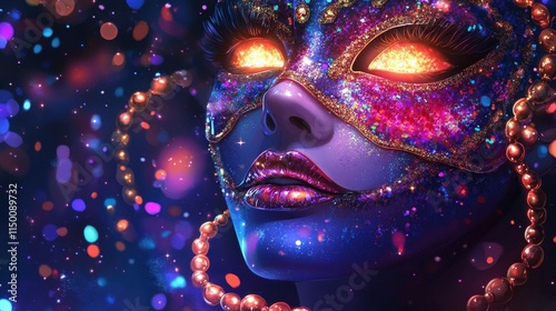 Wallpaper Mural A vibrant portrait of a woman in a colorful mask, featuring glowing eyes and a mystical ambiance, set against a backdrop of shimmering lights. Torontodigital.ca