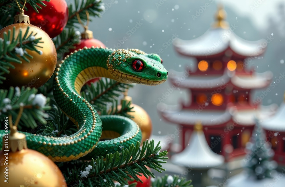 Fototapeta premium A green snake sits on a Christmas tree decorated for new year against the background of a snow-covered Chinese pagoda