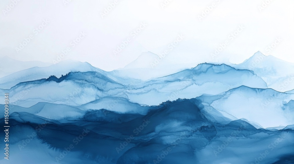 Fototapeta premium Abstract Blue Ink Mountain Landscape Painting
