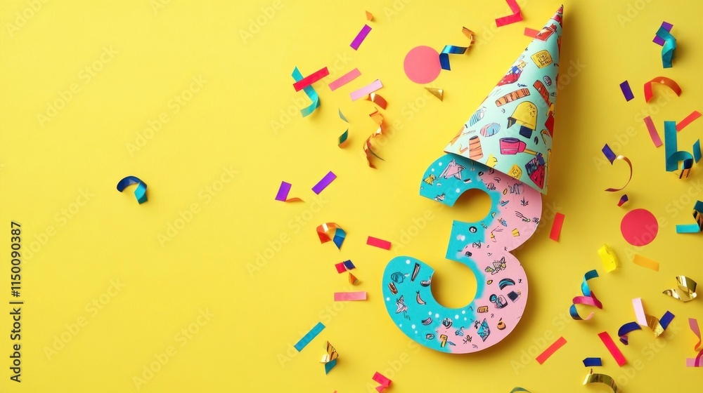 Obraz premium Festive number three with party hat and confetti on yellow background.