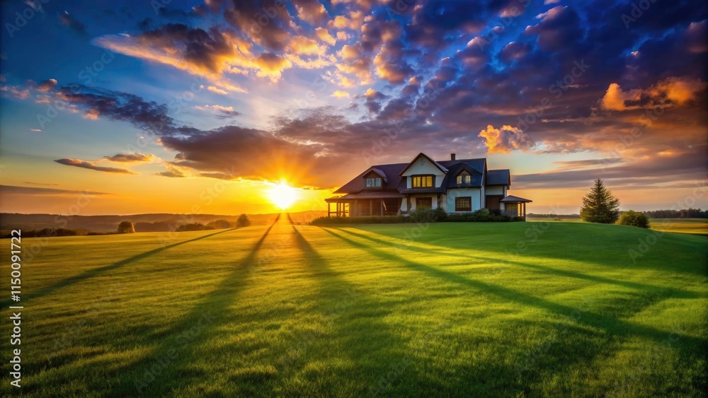 Fototapeta premium Silhouette House Green Field Sunset - Dramatic Landscape Photography