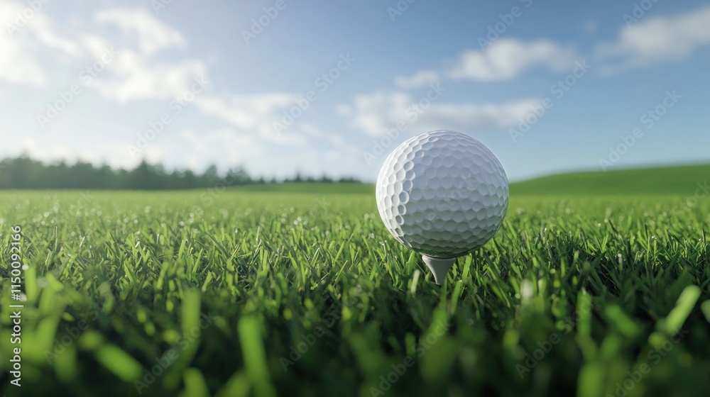 Golf ball on tee, green grass, sunny sky. Golf ball on tee, green grass, sunny sky.
